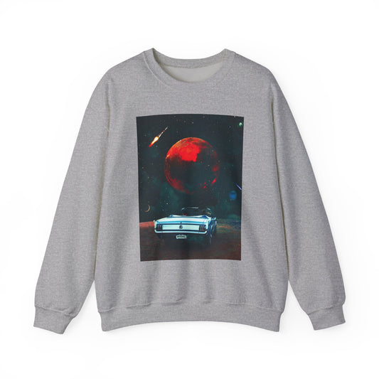 Retro Space Car Crewneck Sweatshirt — Vintage Cosmic Drive Graphic